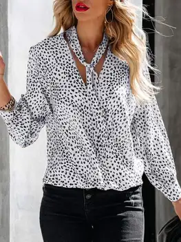 2022 Moda Leopar Baskılı Bluz Kadınlar Casual Uzun Kollu V Boyun Gömlek ZANZEA Zarif Gevşek Yay Chemise Yüksek Düşük Tunik Üstleri