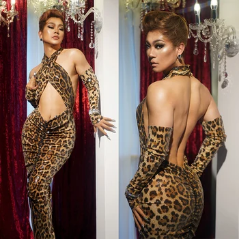 Seksi Halter Leopar Abiye Şarkıcı Performans Sahne Kostüm Hollow Out uzun elbise Sürükle Kraliçe Elbise Rave Kıyafet 5572