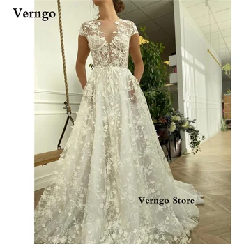 Verngo Zarif Bir Çizgi 3D Çiçekler Nakış Dantel Gelinlik Jewel Boyun Cap Kollu Sweep Tren gelinlikler robe de marié