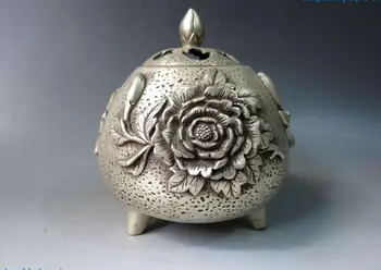 Çin gümüş oyma ince üç Şakayık çiçek Tütsü burner buhurluk Heykeli